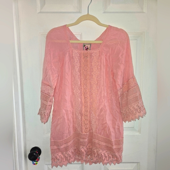 Johnny Was Crochet Light Pink 3/4 Sleeve XS Tunic Blouse - Picture 1 of 7